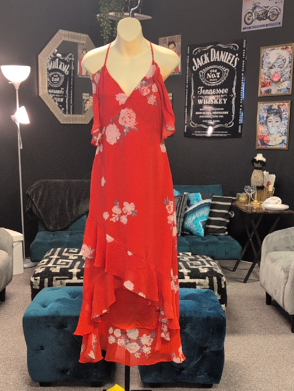 Lulu's Red Floral High-Low Ruffle Maxi Dress